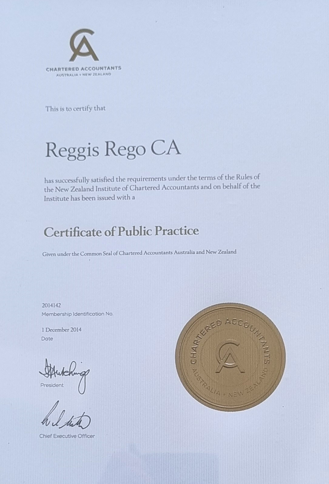Certificate of Public Practice — Reggis Rego CA, issued by Chartered Accountants Australia and New Zealand